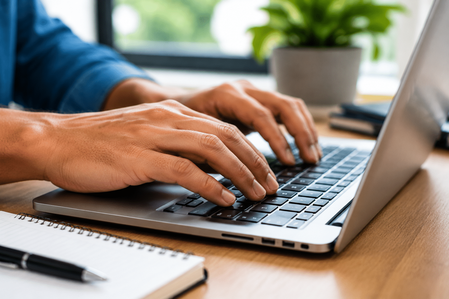 Mãos masculinas digitando em teclado de laptop prateado sobre mesa de madeira com caderno e caneta ao lado.