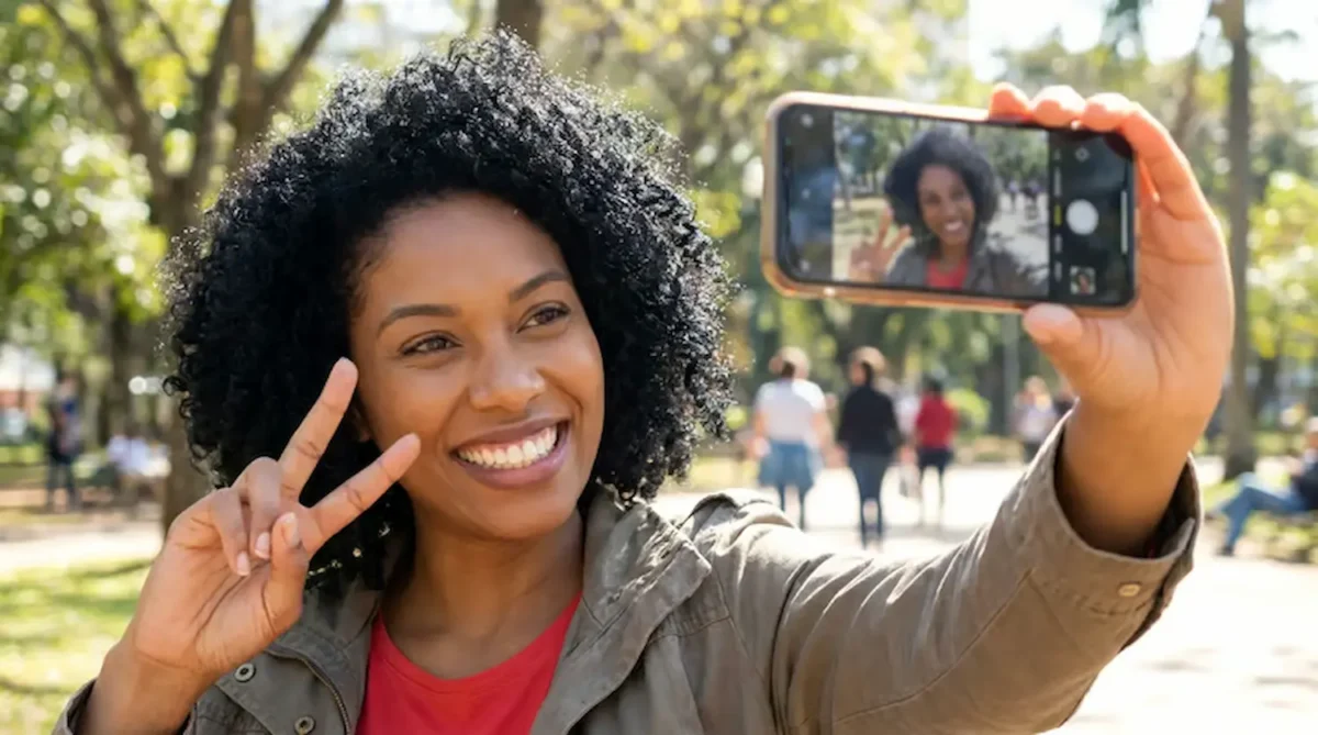 Mulher sorrindo fazendo selfie com iPhone em parque ao ar livre.