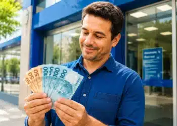 Homem olhando para notas de reais com expressão levemente feliz em frente a uma agência bancária, representando a liberação de até R$ 4.521 pelo PIS/Pasep em junho.