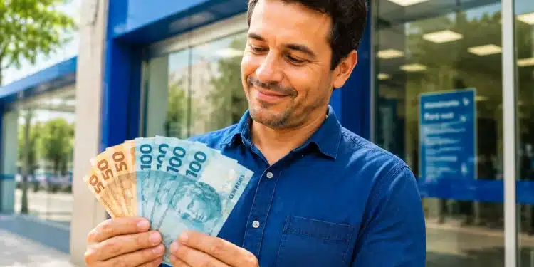 Homem olhando para notas de reais com expressão levemente feliz em frente a uma agência bancária, representando a liberação de até R$ 4.521 pelo PIS/Pasep em junho.