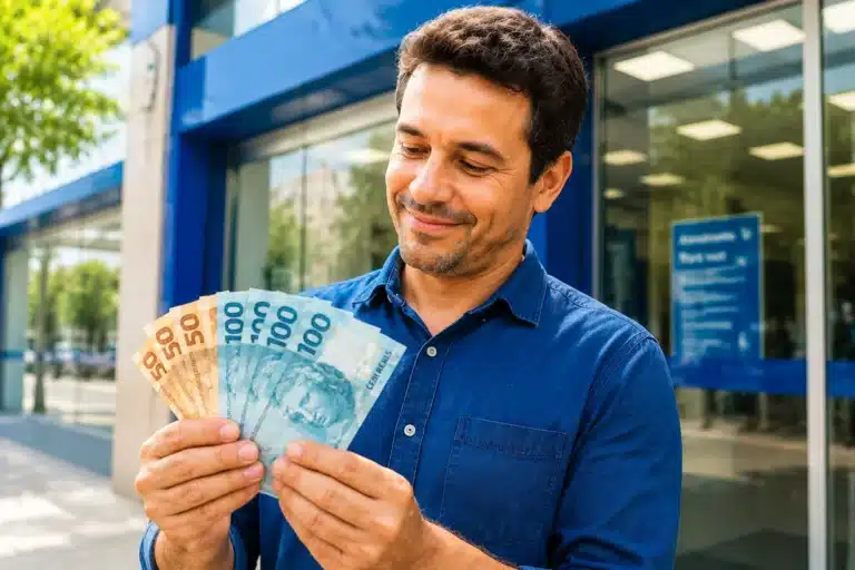 Homem olhando para notas de reais com expressão levemente feliz em frente a uma agência bancária, representando a liberação de até R$ 4.521 pelo PIS/Pasep em junho.