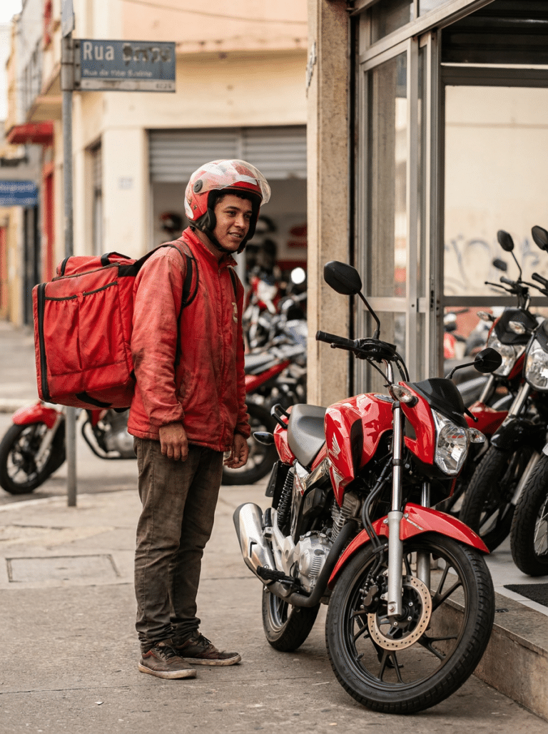 Entregador com mochila térmica observa moto vermelha, veículo que poderá ser financiado pela nova linha de crédito do governo