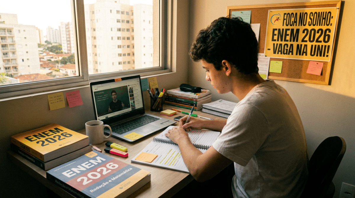 Jovem estuda para o ENEM 2026, fazendo anotações enquanto assiste videoaula no notebook, cercado de livros e apostilas.