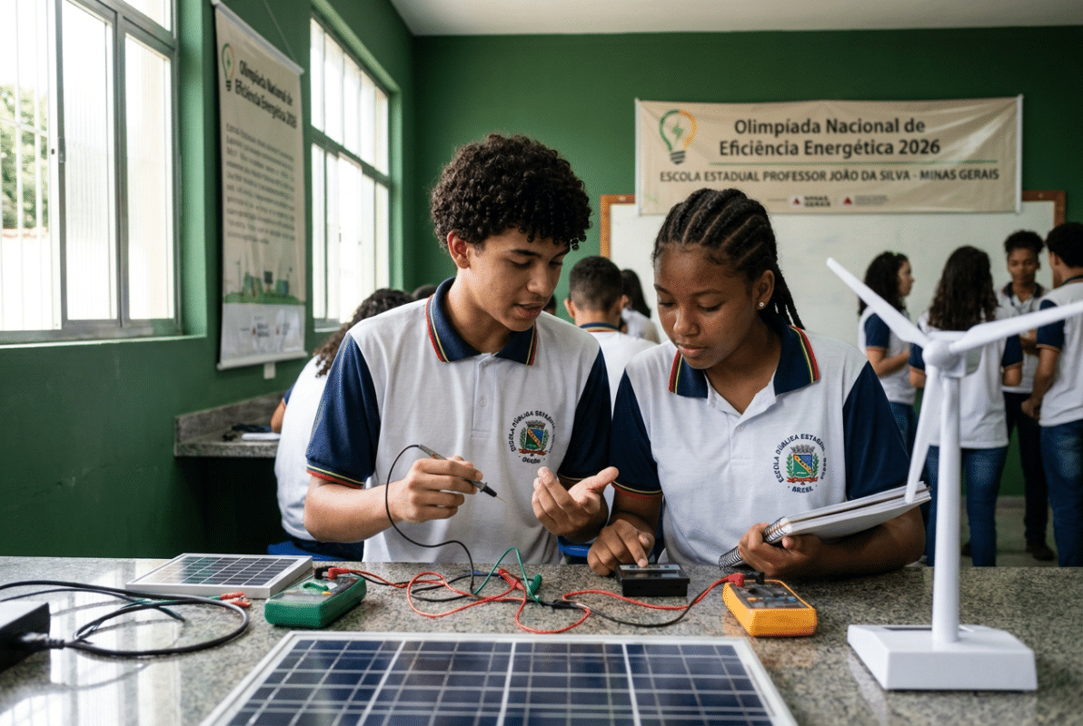 Dois estudantes de escola estadual de MG analisam painel solar com multímetros na Olimpíada de Eficiência Energética 2026.