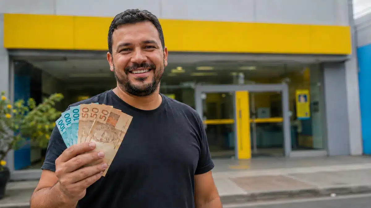 Homem sorridente segura cédulas de reais em frente a uma agência bancária amarela, representando o pagamento de até R$ 4.251 pela Caixa e pelo Banco do Brasil.