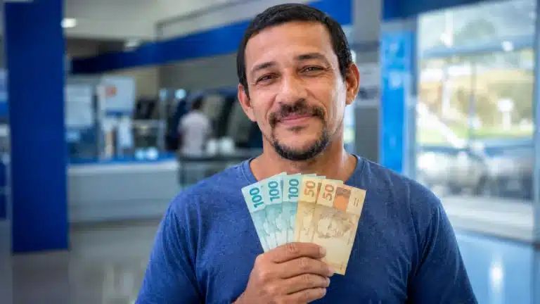 Homem brasileiro sorrindo, segurando cédulas de R$ 100 e R$ 50, representando os pagamentos de R$ 406, R$ 675 e R$ 946 que serão liberados em 15 de junho.