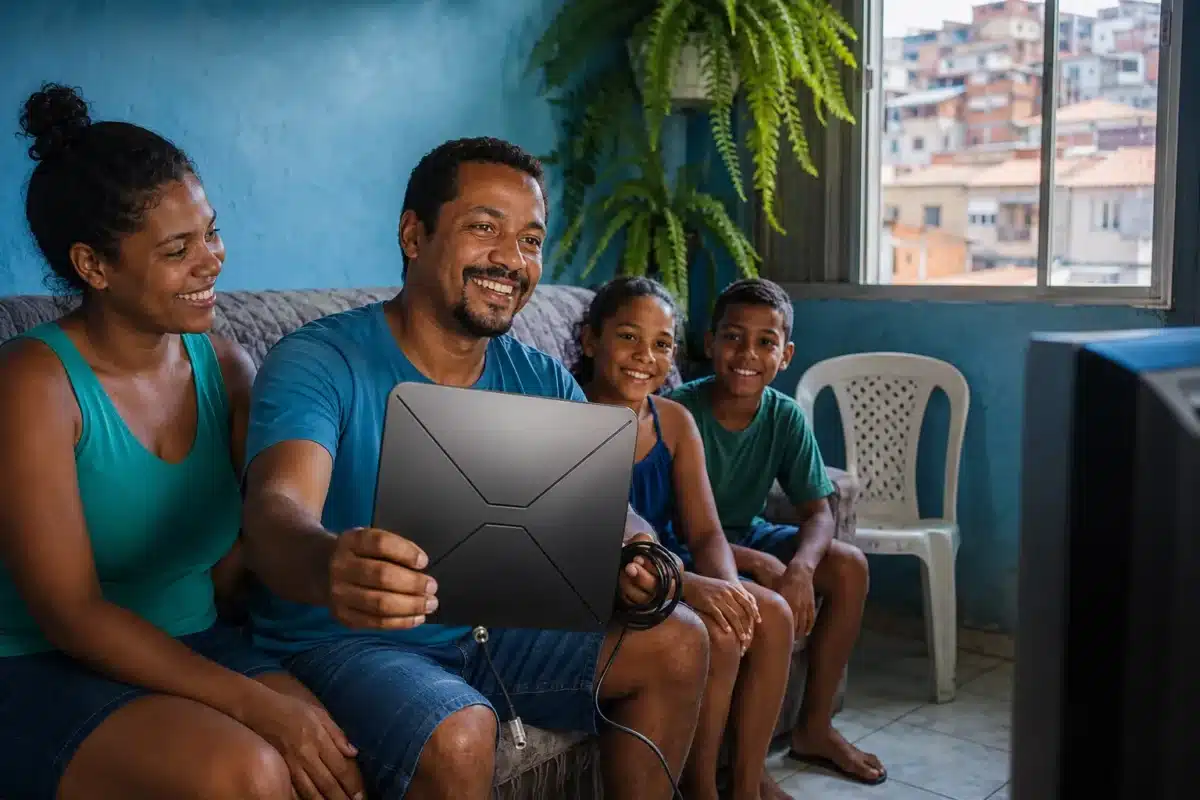 Família brasileira em uma sala modesta com antena digital, representando a distribuição gratuita do equipamento para acompanhar os jogos da Copa do Mundo.