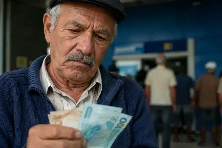 Idoso conferindo cédulas em agência bancária, representando o anúncio de pausa nos pagamentos do INSS nesta semana.