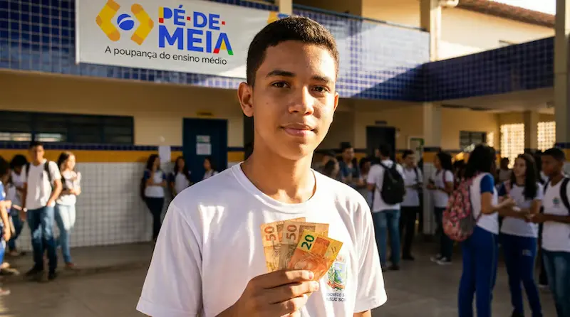 Estudante do programa Pé-de-Meia segurando cédulas de dinheiro, representando os pagamentos de junho.