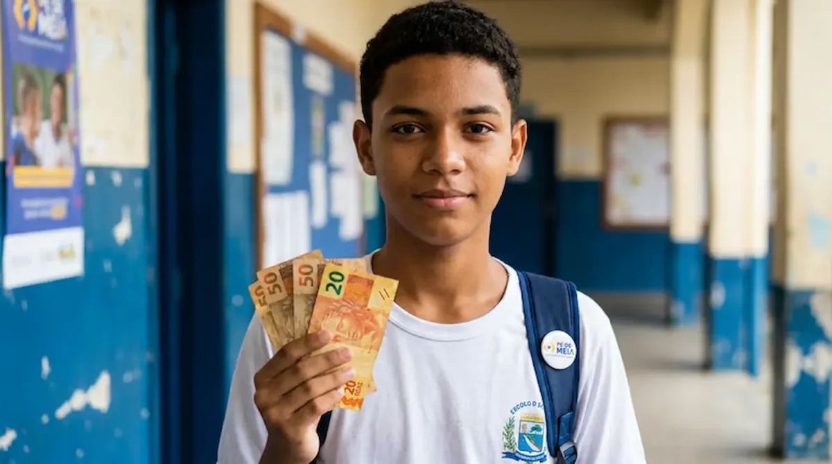 Estudante segurando notas de dinheiro do programa Pé-de-Meia, recebendo pagamento de junho.
