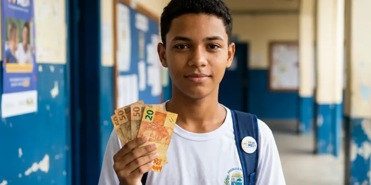 Estudante segurando notas de dinheiro do programa Pé-de-Meia, recebendo pagamento de junho.