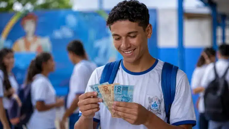 Estudante brasileiro de ensino médio segurando cédulas de reais em um pátio escolar, simbolizando recebimento de R$ 1.400 do Pé-de-Meia