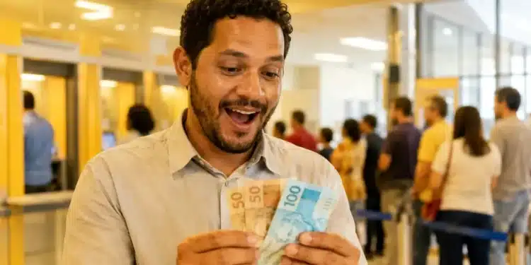 Trabalhador brasileiro segurando notas de reais com expressão de surpresa positiva em agência bancária, representando o pagamento do PIS/Pasep de R$ 4.151 em junho.