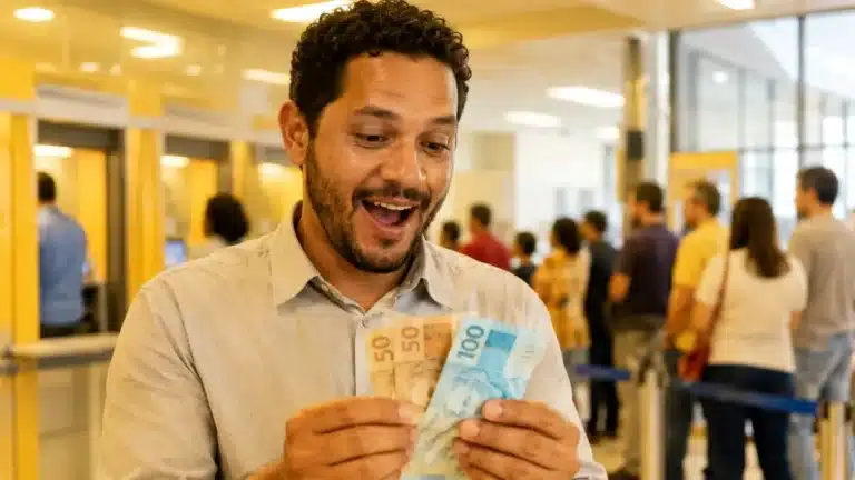 Trabalhador brasileiro segurando notas de reais com expressão de surpresa positiva em agência bancária, representando o pagamento do PIS/Pasep de R$ 4.151 em junho.