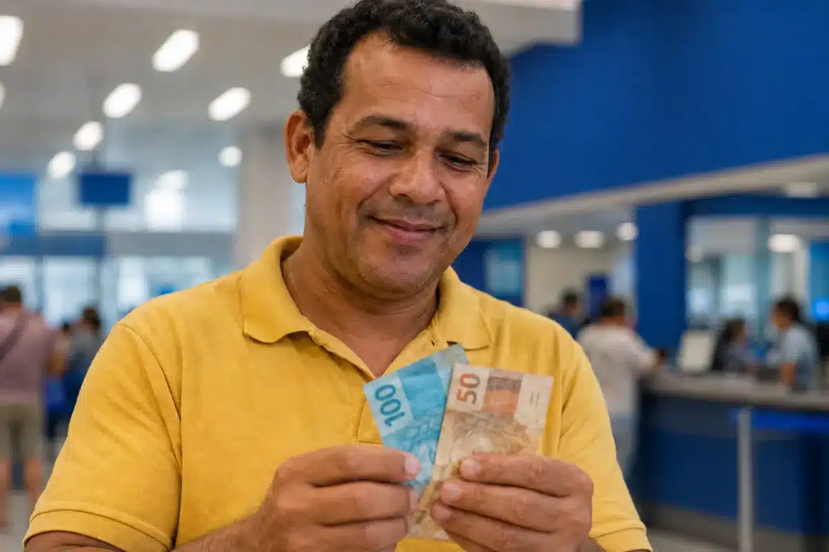 Trabalhador brasileiro conferindo cédulas de reais, simbolizando pagamento de até R$ 3.981 do PIS/Pasep em junho