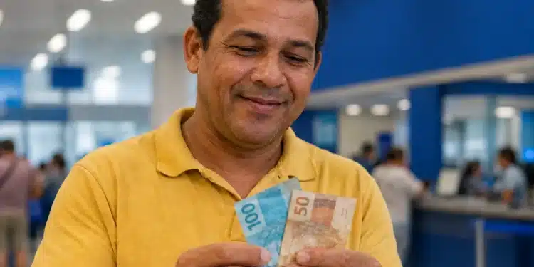 Trabalhador brasileiro conferindo cédulas de reais, simbolizando pagamento de até R$ 3.981 do PIS/Pasep em junho