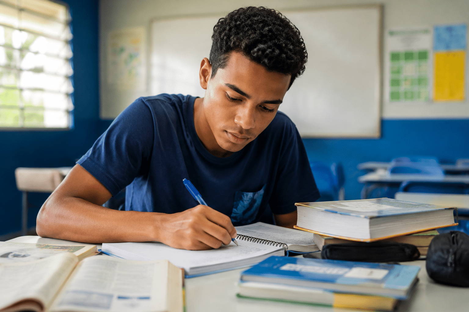 Jovem de cabelos cacheados e camiseta azul escrevendo em caderno com caneta azul, cercado por livros em sala de aula.
