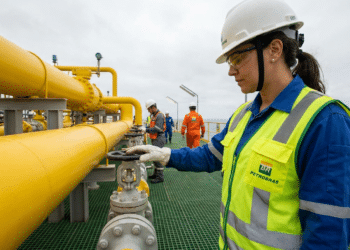 Funcionária Petrobras com colete verde e capacete branco ajusta válvula em tubulação amarela em plataforma marítima.