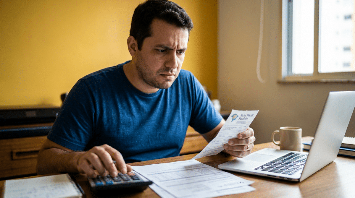 Microempreendedor analisa documentos fiscais com calculadora e notebook durante a regularização da declaração do MEI