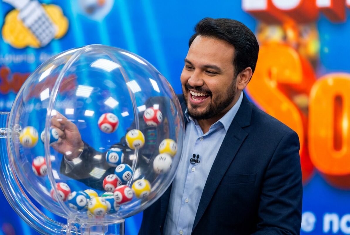 Homem de terno azul-marinho e camisa azul sorri ao lado de globo com bolas numeradas em sorteio de loteria