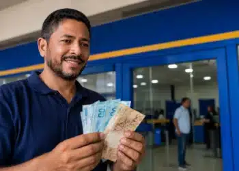 Homem sorridente segura cédulas de reais em agência bancária, representando a liberação do saque de R$ 6.220 pela Caixa.