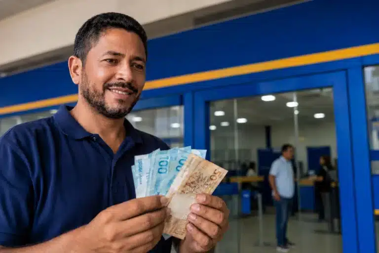 Homem sorridente segura cédulas de reais em agência bancária, representando a liberação do saque de R$ 6.220 pela Caixa.