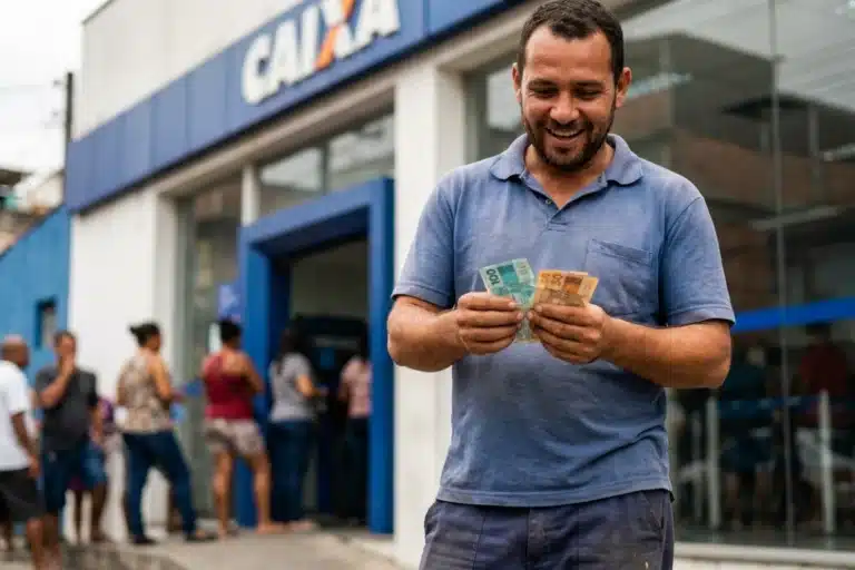 Homem sorridente contando dinheiro em frente à agência da Caixa Econômica Federal, representando o saque de R$ 6.220.