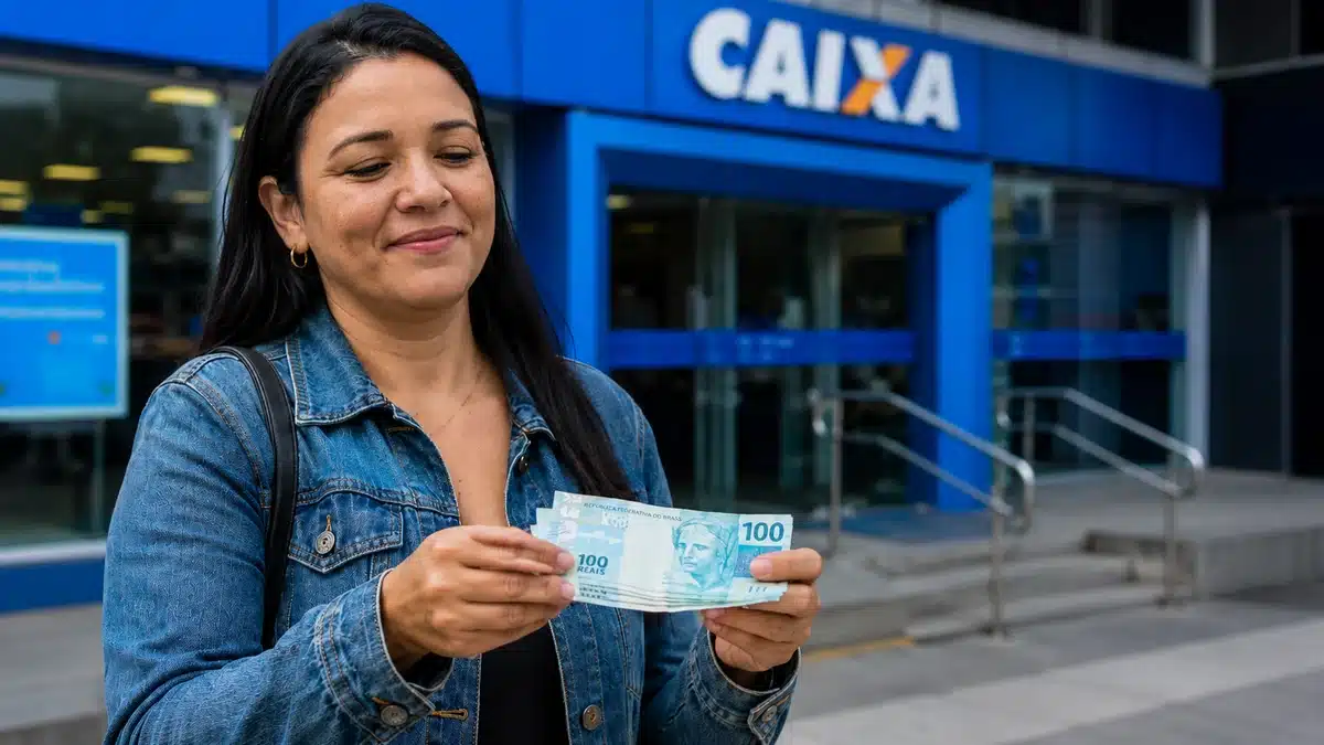 Mulher segurando notas de dinheiro em frente a uma agência da Caixa, representando o saque de R$ 6.220.