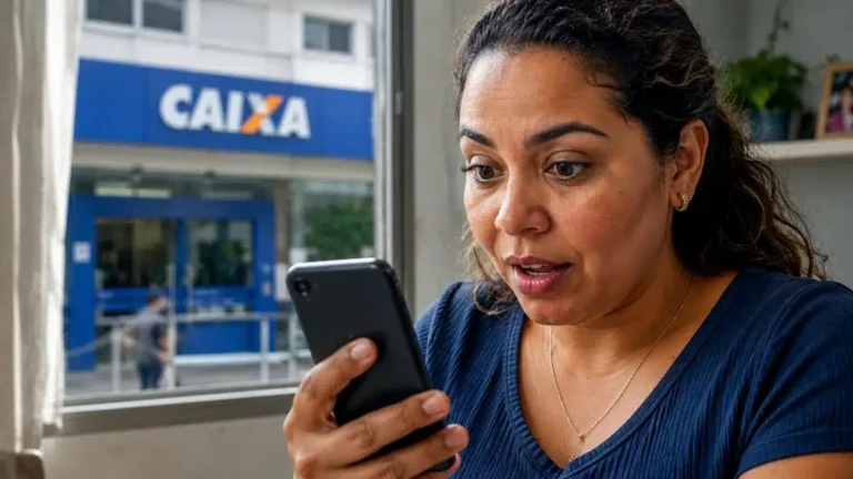 Mulher mexendo no celular, representando o processo de solicitação do saque de R$ 6.220 da Caixa pelo aplicativo.