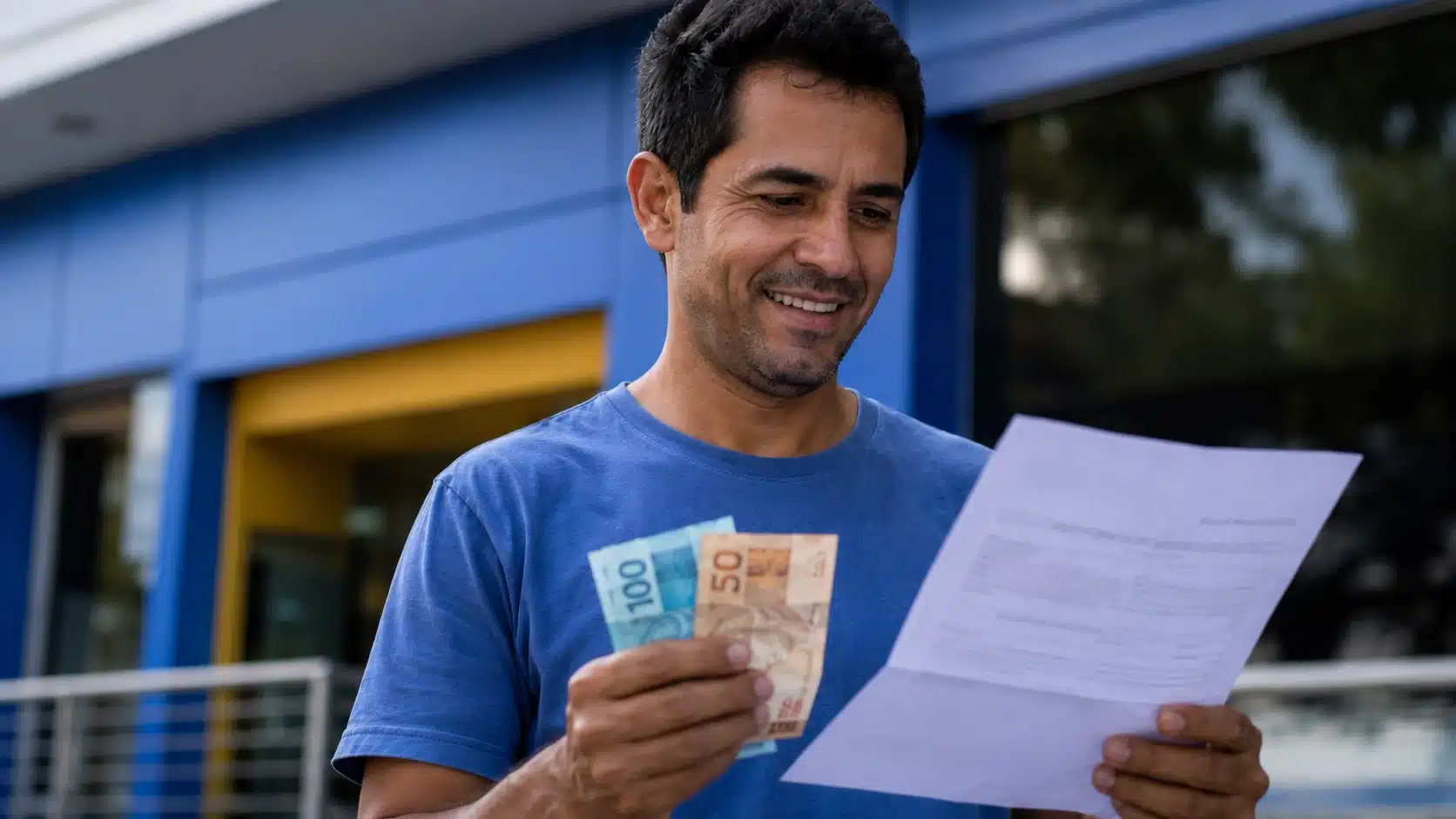 Homem brasileiro sorridente conferindo documento e dinheiro em frente a um banco, representando o saque de R$ 6.220.