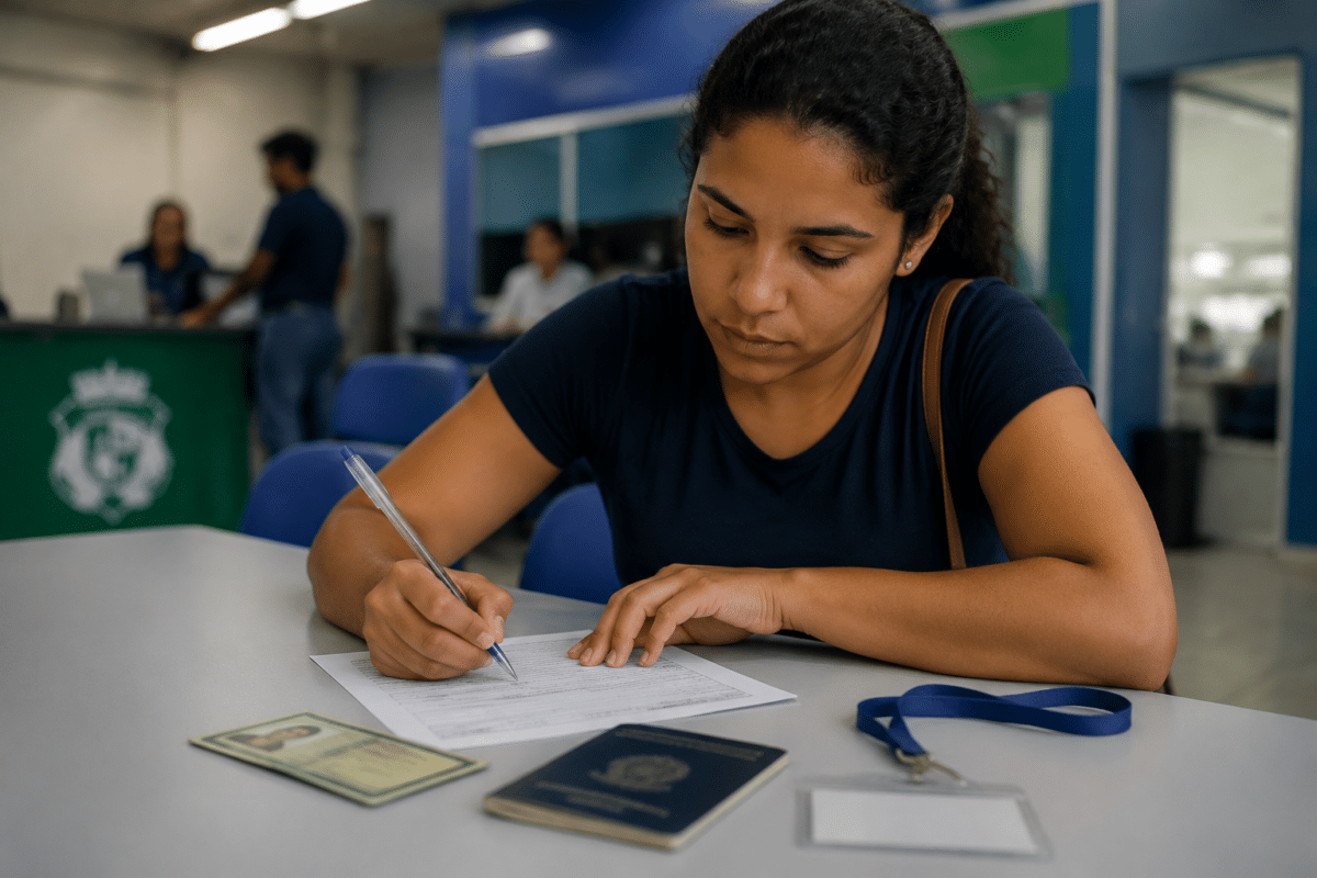 Mulher de camiseta azul marinho preenche formulário com caneta em balcão, ao lado de passaporte brasileiro e RG.