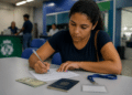 Mulher de camiseta azul marinho preenche formulário com caneta em balcão, ao lado de passaporte brasileiro e RG.